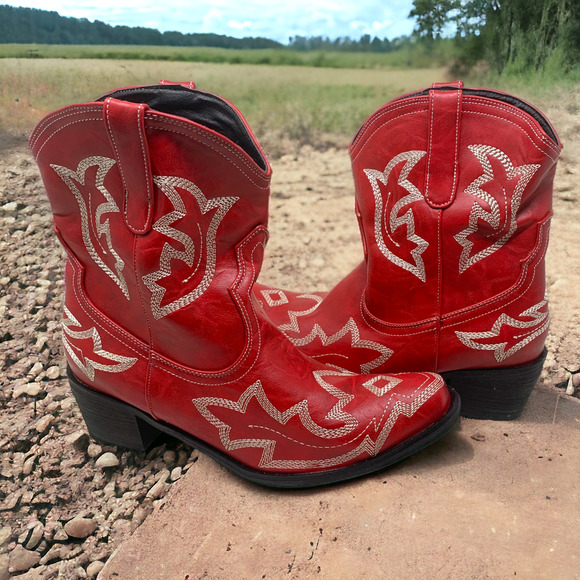 Unbranded Shoes - Western Red Cowboy Short Boots Vegan Leather Sz EU 37 US 6-6.5 Stitched Cowgirl